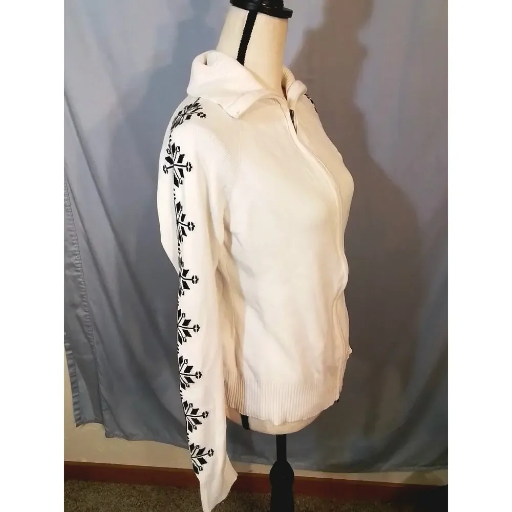 Eddie Bauer; white zip sewater with snowflake pattern